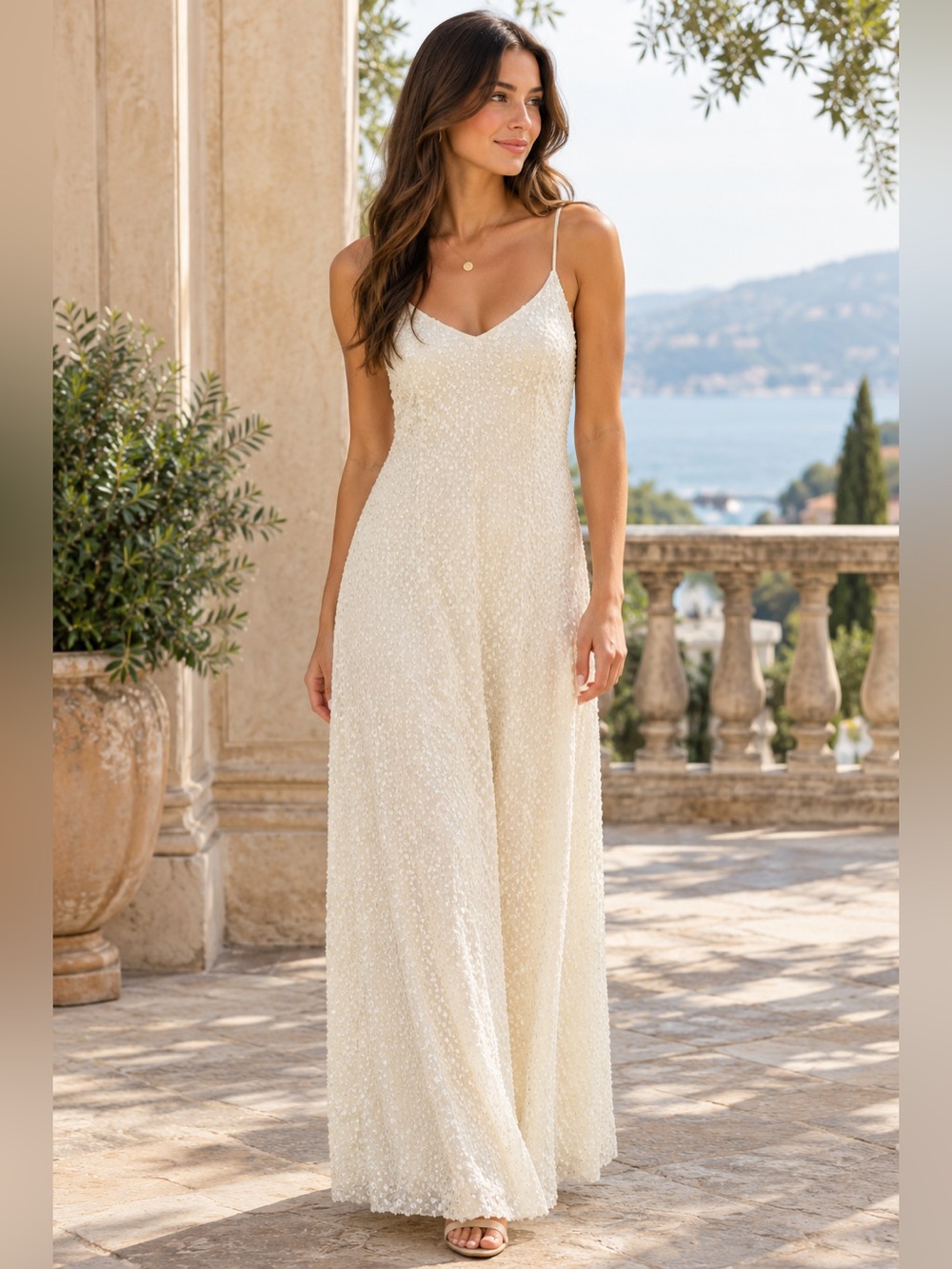Zara Sequin Slip Dress in Champagne White